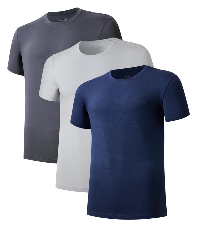 COLORFULLEAF Camiseta interior de bambú para hombre, paquete de 3 unidades, cuello redondo, camiseta interior suave y cómoda de manga corta para hombre