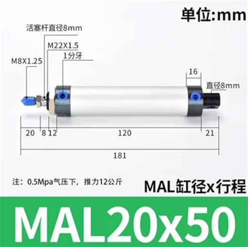 Cilindros neumáticos de aire de doble efecto con diseño compacto MAL Mini 20x50 3