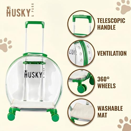 Image of Husky & Purr PopGo Pet Carrier with Wheels for Cats & Small Dogs | Transparent Cat Bag Carrier Trolley with Telescopic Handle | Dog Carrying Bag, Up to 8kgs, Green