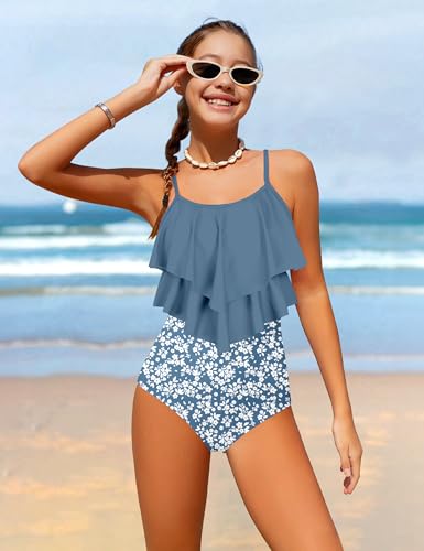 Image of Girls Swimsuit Color Block One Piece Swimsuit 2-Tiered Ruffle Bathing Suit Adjustable Strap Girls' Swimwear 7-16Y