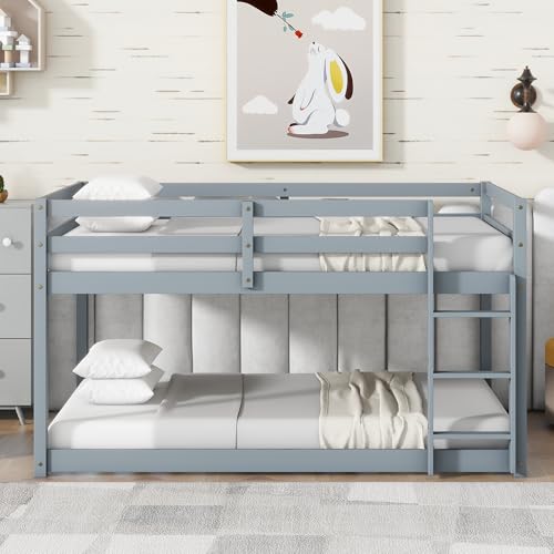 Ball & Cast Solid Rubber Wooden Twin Over Twin Bunk Bed with Ladder and Full Length Guardrail,Low Bunkbed w/Slat Support,Bedroom Furniture for Girls Boys,Grey