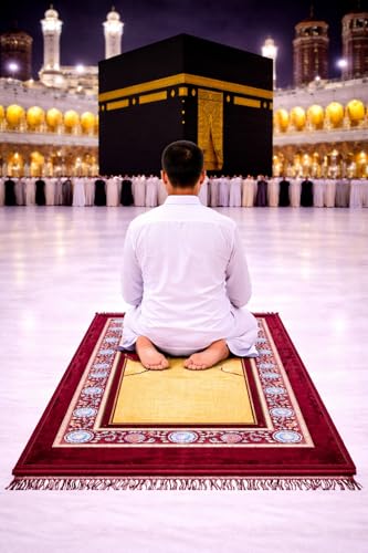 Image of Janamaz Prayer Mat Turkey Soft Velvet | Namaz Mat, Janimaz Namaz Aasan, Islamic Prayer Rug for Salah | 70x110 CM (Printed Red2)