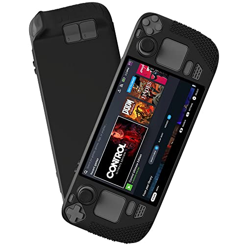 Soft Silicone Protective Case for Steam Deck 2022, Durable Shockproof Non-Slip Full Protection Protector Cover with Tempered Glass Screen Protector Compatible with Steam Deck Accessorries, Black Cover
