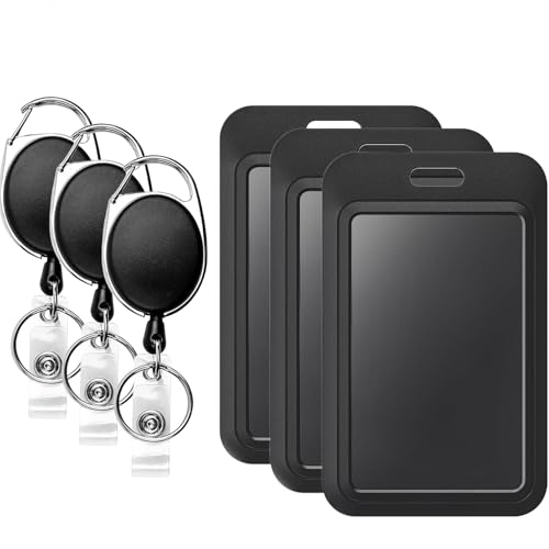 Badge Holders with Retractable Keychains Multi-Card ID Card Holder Reels for Work Office Lanyards (Fits 2-3 Cards)(3 Black)
