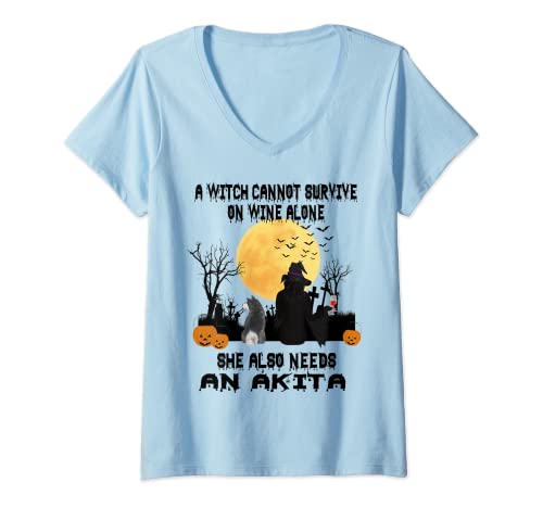 Mujer Witch Wine And Akita Dog Mom Funny Halloween Costume Camiseta Cuello V