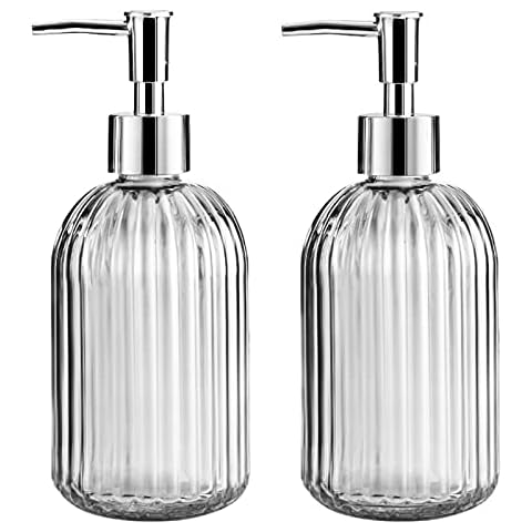 FOVERN1 2PC Glass Soap Dispenser Bathroom 14oz Glass Jar Soap Dispenser with Stainless Steel Pump Liquid Soap Dispenser for Countertop, Kitchen, Bathroom ( Grey) Cover