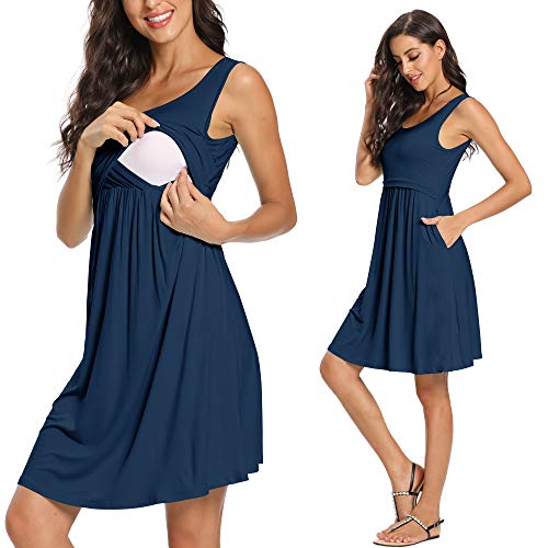GLAMIX Damen Stillkleid Sommer Casual Ärmellos Stillen Tank Kleider mit Taschen - Blau - X-Groß Cover