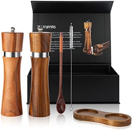 Truffins Wooden Salt and Pepper Grinder Set - 8 Inch Tall Wooden Salt and Pepper Mill Set Including Cleaning Brush, Spoon, Stand with Gift Box - Acacia Wood