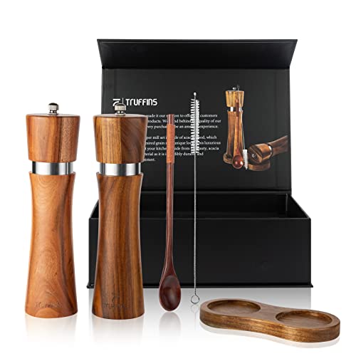 Truffins Wooden Salt And Pepper Grinder Set - 8 Inch Tall Wooden Salt And Pepper Mill Set Including Cleaning Brush, Spoon, Stand With Gift Box - Acacia Wood #TOP1