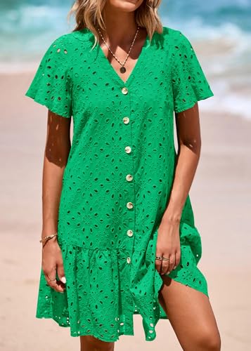 Image of KIRUNDO Eyelet Dresses for Women Button Down Mini Babydoll | 2026 Summer Short Sleeve Boho Sundress, Loose Fit V Neck Short Dress With Pockets, A Line, Cruise Beach Vacation Outfits