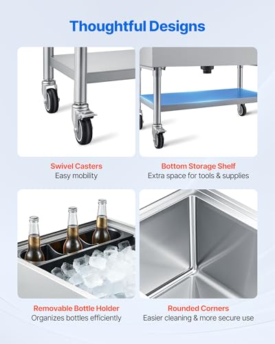 Image of VEVOR Commercial Ice Bin,19 Inch Stainless Steel Ice Chest with Sliding Lid and Bottle Holders, Cooler Cart Cocktail Unit for Bar Restaurant Pub, NSF Certified