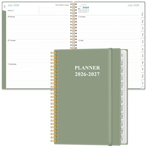 Agenda semanal mensual 2026-2027 verde de 8.5 x 11 pulgadas con pestañas para organizarse