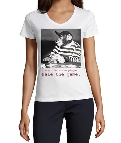 T-shirt col en V coton femme blanc imprimé Do Not Hate The Player