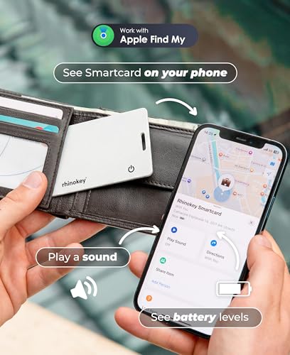 Image of Rhinokey Wallet Tracker Card Works with Apple Find My (iOS Only) Slim 0.07in Rechargeable IP68 Waterproof Tracker Item Finder Card with Keychain Hole. (1 Pack - iOS - White)