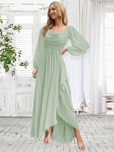GATMAHE Chiffon Long Sleeve Bridesmaid Dresses for Women Ruffles Cowl Neck A Line Formal Dress with Slit3