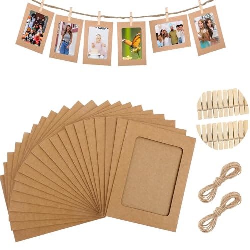20 Piezas Marco de Fotos de Papel Kraft,Colgar Fotos con Pinzas,Clip para Marco de Fotos con Ventilación,Photo String with Clips,Marco de Fotos de Cartón para Cumpleaños,para Decoración del Hogar