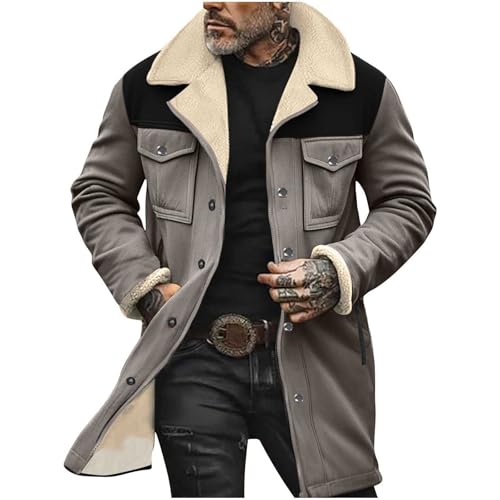 Vintage Suede Trench Coats Plush Reverse Collar Mens Outdoor Jacket Retro Warm Winter Sherpa Fleece Lined Outerwear