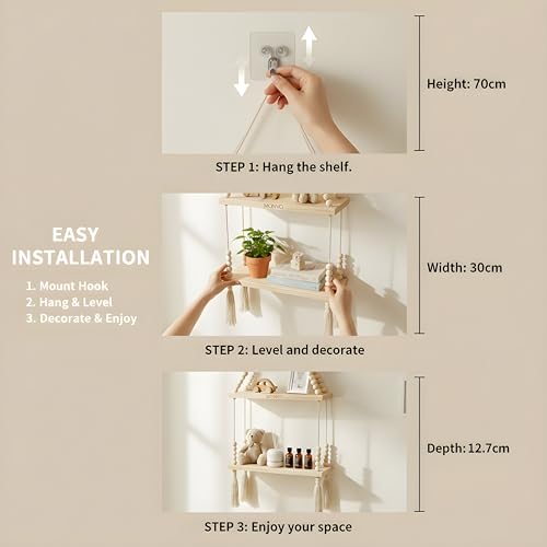 Image of 2-Tier Hanging Shelf with Wall Hook, Use Decor Plants, Books, Decorative Gift Items Nursery Livingroom Wooden Beads & Ring, Tassels Woven Bohemian