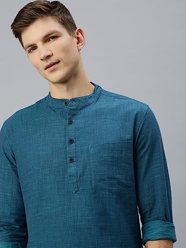 Image of KRYPTIC Men's Full Sleeve Regular Fit Short Kurta in Premium Pure Cotton with Patch Pocket and Mandarin Collar - Perfect Blend of Style and Comfort