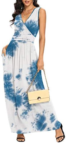 LILBETTER Women Sleeveless Deep V Neck Loose Plain Tie Dye Long Maxi Casual Dress(Tie Dye Blue,X-Large)
