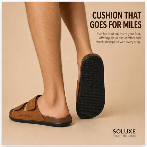 Image of SOLUXE Men's Royal Slippers | Adjustable Hook & Loop Strap | Lightweight Footwear | Home & Outdoor Mens Footwear | Casual Wear |Everyday Use - Tan