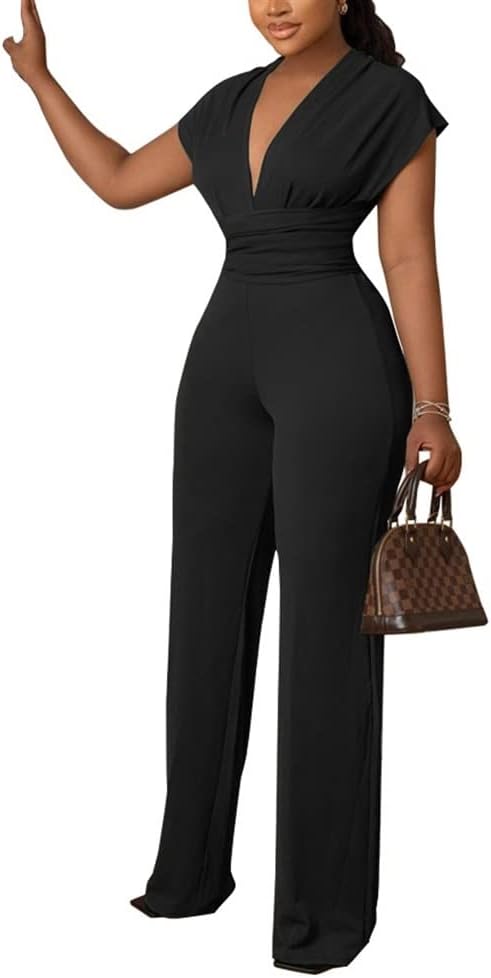 GHAKKEWomen's Chic Deep V Neck Jumpsuit Solid Color Sleeveless High Waist Rompers Elegant Long Pants Overalls Cocktail Party