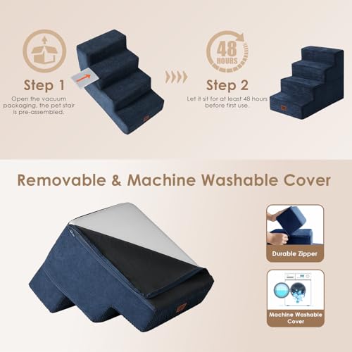 Image of EHEYCIGA Dog Stairs for Bed 18 inch H, 4-Step Dog Steps for High Bed, Pet Steps for Small Dogs and Cats, Non-Slip Balanced Pet Ramp Indoor, Navy Blue