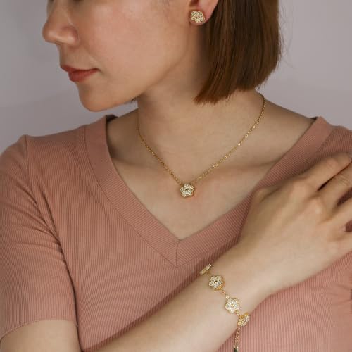 Double Sided Five Leaf Clover Jewelry Set for Women, 18K Gold Plated Stainless Steel, Black Mother of Pearl on One Side & Full Zircon Inlay on the Other, Adjustable Lucky Jewelry Set, Gifts for Girlfriend Wife Mom Daughter Granddaughter (01-White) — view 3