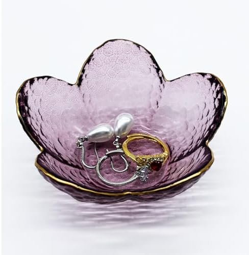 Purple Flower Ring Dish, Small Glass Jewelry Dish Tray, Ring Hold...