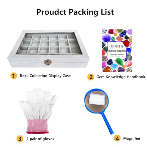 HEMYLU Rock Collection Display Case, Crystal Storage Box with 24 Grids and Gem Knowledge Handbook for Kids, Gem and Stone Collection Case for Display