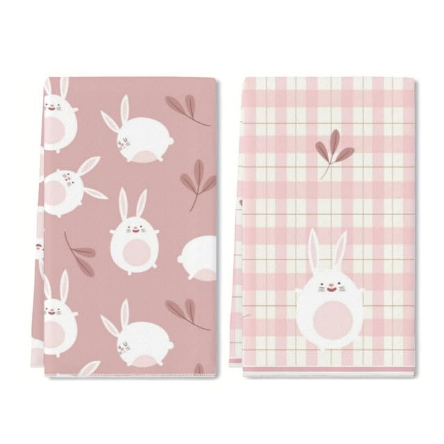 Horienteeon 2 Pcs Easter Kitchen Towels, Pink Bunny Rabbit Checkered Hand Towels, Easter Decorative Dish Tea Multi-Use Towel, Easter Housewarming Gifts Decorations for Home 60×40cm