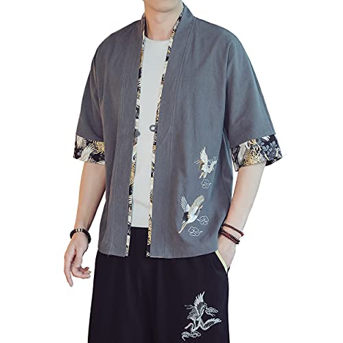 Image of PRIJOUHE Men's Kimono Jackets Cardigan Lightweight Casual Cotton Blends Linen Seven Sleeves Open Front Coat Outwear