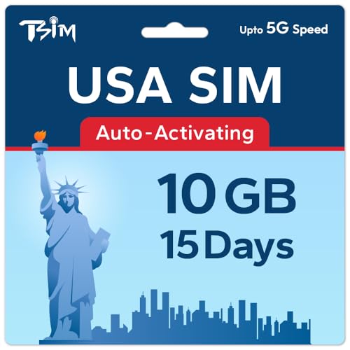 TSIM Tarjeta SIM de Estados Unidos de 15 días, 10 GB, red 5G multioperador de alta cobertura, activación automática, plan recargable, punto de acceso permitido, solo datos