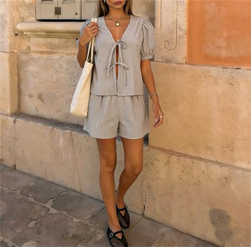 Image of Yuemengxuan Women Y2k Two Piece Plaid Lounge Sets Puff Sleeve Tie front Blouse Top High Waist Shorts Casual Pajamas Sets