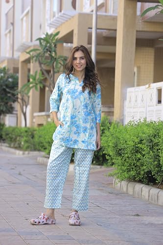 Image of Women's Cotton Night Suit Set, Printed Top and Pyjama, Casual Loungewear Sleepwear for Womens Girls