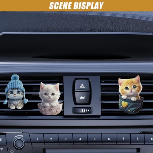 Image of 3PCS Cute Cat Car Air Vent Clips, 2D Flat Acrylic Cartoon Kitty Car Air Conditioner Outlet Clip, Auto Interior Decoration Accessories for Most Vehicles (Blue /White /Yellow)