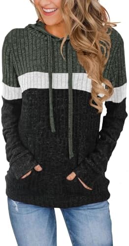 Cuptacc Hoodie Damen Farbblock Casual Locker Pullover Elegant Herbst | mit Taschen,Rippstrick,Kapuze mit Kordelzug,Mehrfarbig,weicher,Bequem,Alltag,Lässig,Mode,Festlicher