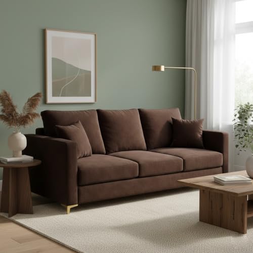Image of Hayes Rich Velvet Suede 3 Seater Sofa | Golden Aesthetic Legs | Spacious Soft Touch Comfort Seating | Modern Sofa for Living Room (Dark Brown)