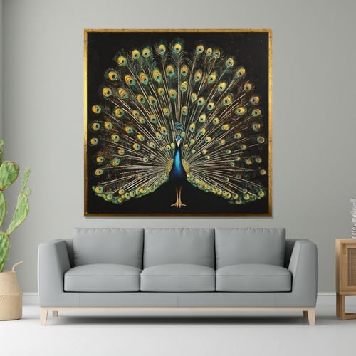 Tableau paon 65x65cm avec cadre intérieur : toile imprimée majestueuse pour décorer un salon chic