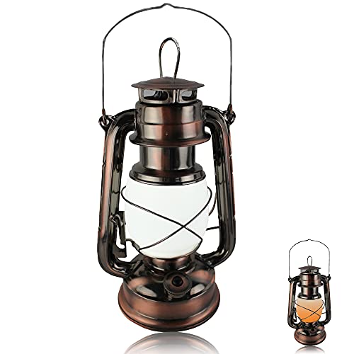 Lanterne Extérieur LED ou Intérieur - Lumière Blanche ou avec Effet de Flammes - Lampe Tempête Décorative - 60 Lumens - Design Rétro - Etanche Idéal Pour Jardin - 24 x 15 CM - Finition Laiton