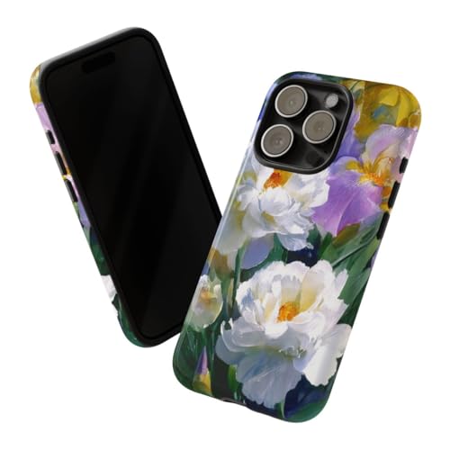 Coque iPhone 15 Pro rigide brillante pivoines blanches et iris - 2