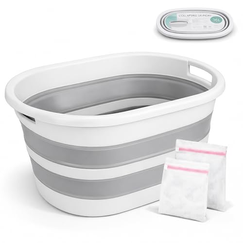 ForenTex Cesta Ropa Sucia Plegable 36L con 2 Bolsas de Lavado, Barreño para Colada, Cesto de Lavandería de TPR+PP Resistente, Ahorra Espacio para Baño, Lavandería y Dormitorio, Gris y Blanco