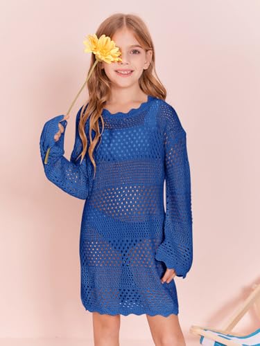 Image of Batermoon Girls Crochet Long Sleeve Swimsuit Cover Up Kids Fashion Hollow Out Swimwear Beach Dress 5-14 Years