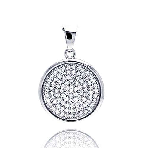 CloseoutWarehouse Clear Micro Pave Cubic Zirconia Round Disc Pendant Rhodium Plated Sterling Silver