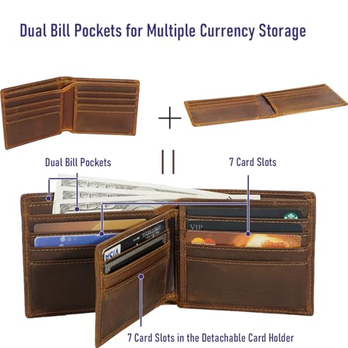 STAR VISTA Falcon V2 Vintage Slim Bifold Leather Wallet for Men, Detachable Bifold Card Case, Dual Bill Pockets, 14 Card Slots, RFID Blocking, ID Window, AirTag Holder3