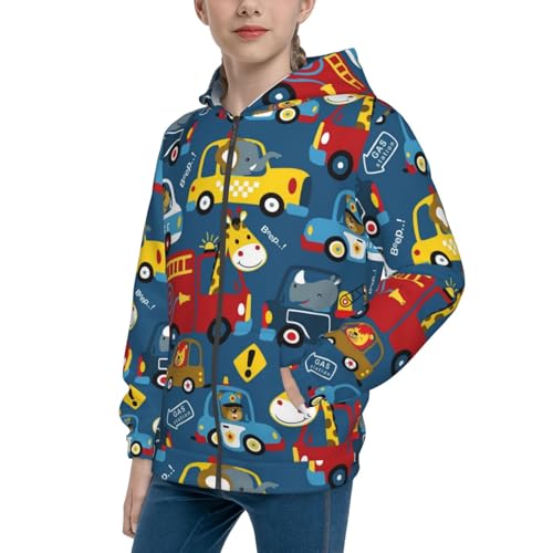 Vehicles Cartoon with Animal Drivers Kid Hoodies Boys Zip Up Sweatshirts Girls Pullover with Pocket