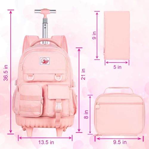 CCJPX Rolling Backpack for Girls Women, 21 inch Roller Wheels School Bookbag, Wheeled Suitcase Backpacks with Lunch Bag for Teen - Pink2