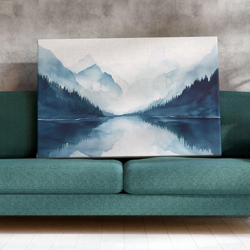Image of Indianara Mountain Lake Landscape Canvas Art Painting, Blue, 45.72 cm x 68.58 cm, for Living Room, Bedroom, Office