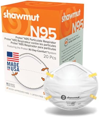 Shawmut Protex™ N95 Mask, Made in the USA NIOSH Approved, Particulate Respirators, Protective Face Mask for Dust, Construction, Medical, 1 Pack of 20 (Approval Number TC-84A-9295 / Model SR9520)