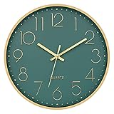 Foxtop Modern Wall Clock 12 Inch Silent Non Ticking Battery Operated Round Quartz Gold Wall Clock for Living Room Bedroom Kitchen Office Classroom Decor (Dark Green Dial)